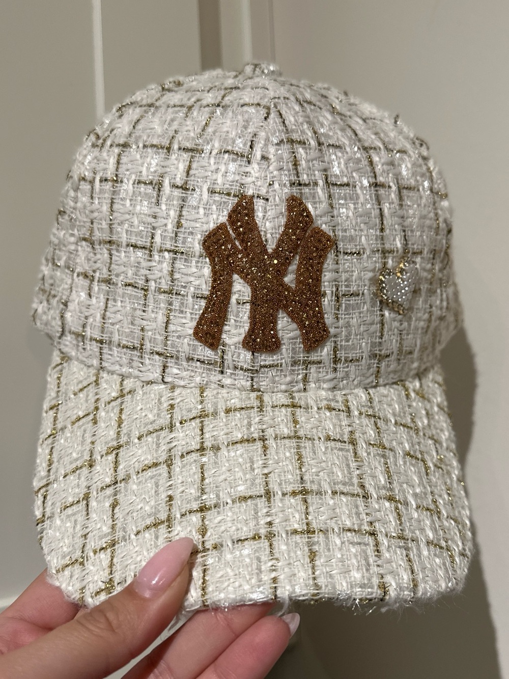 Embellished Tweed Baseball Cap with Sparkle NY New York Yankees Patch